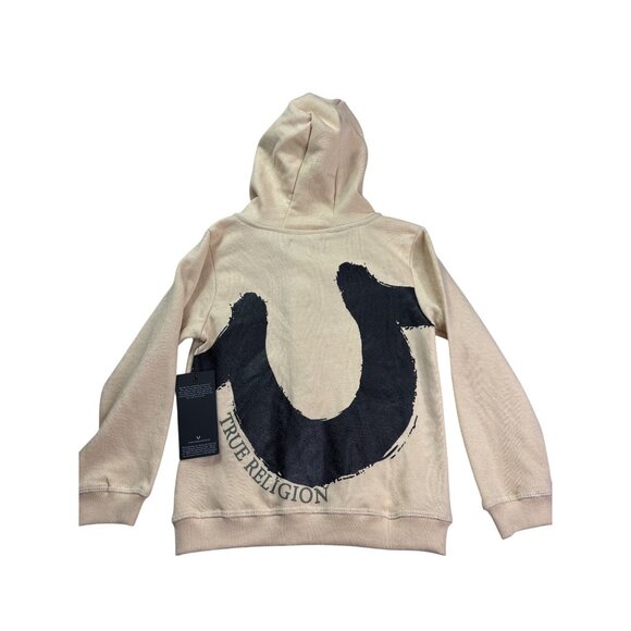 True Religion Kids Boys Beige Hoodie Black Distressed Horseshoe Logo M (5/6) New - Picture 2 of 7